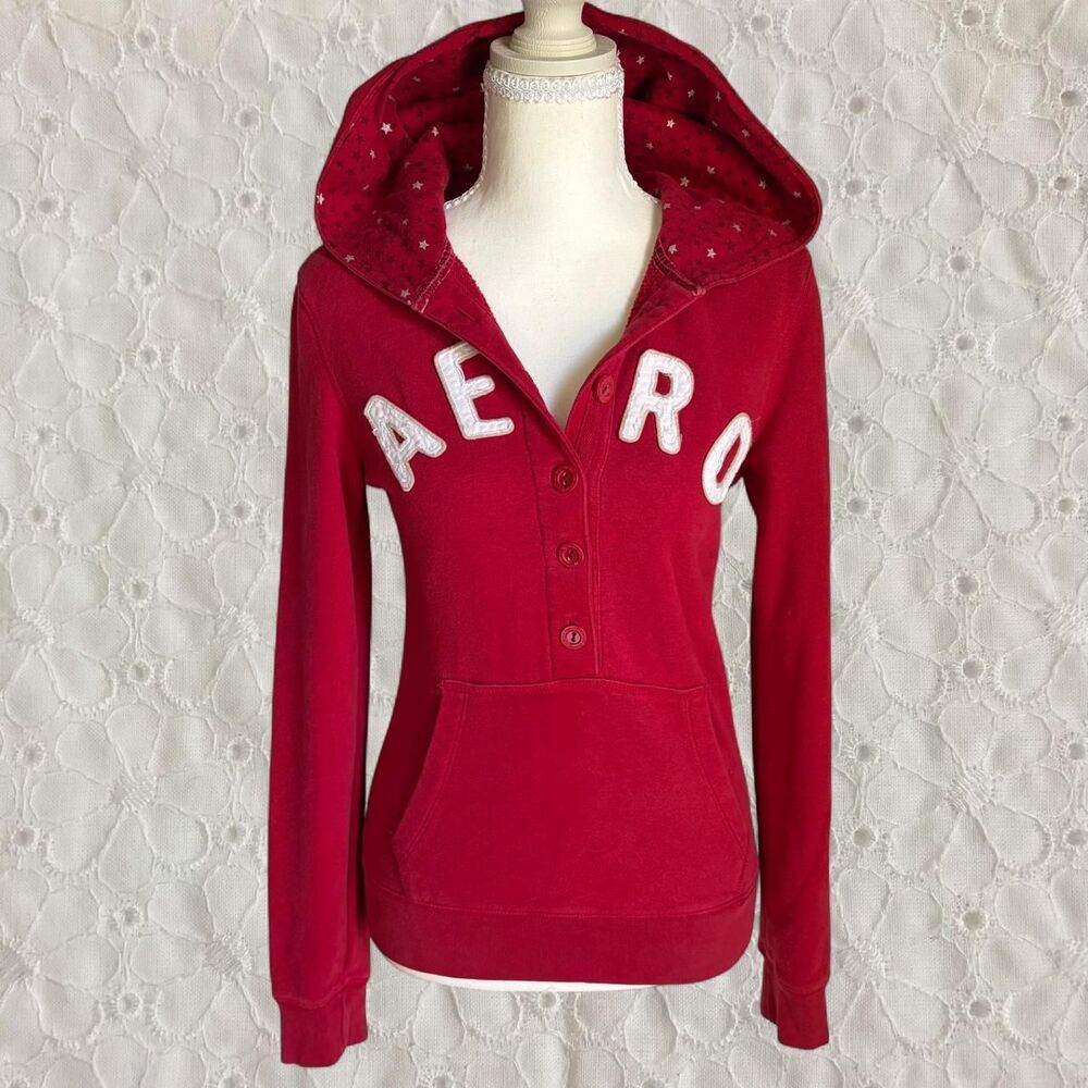 Vintage Y2K Aeropostale Red Henley Hoodie Sweatshirt with Star Hood